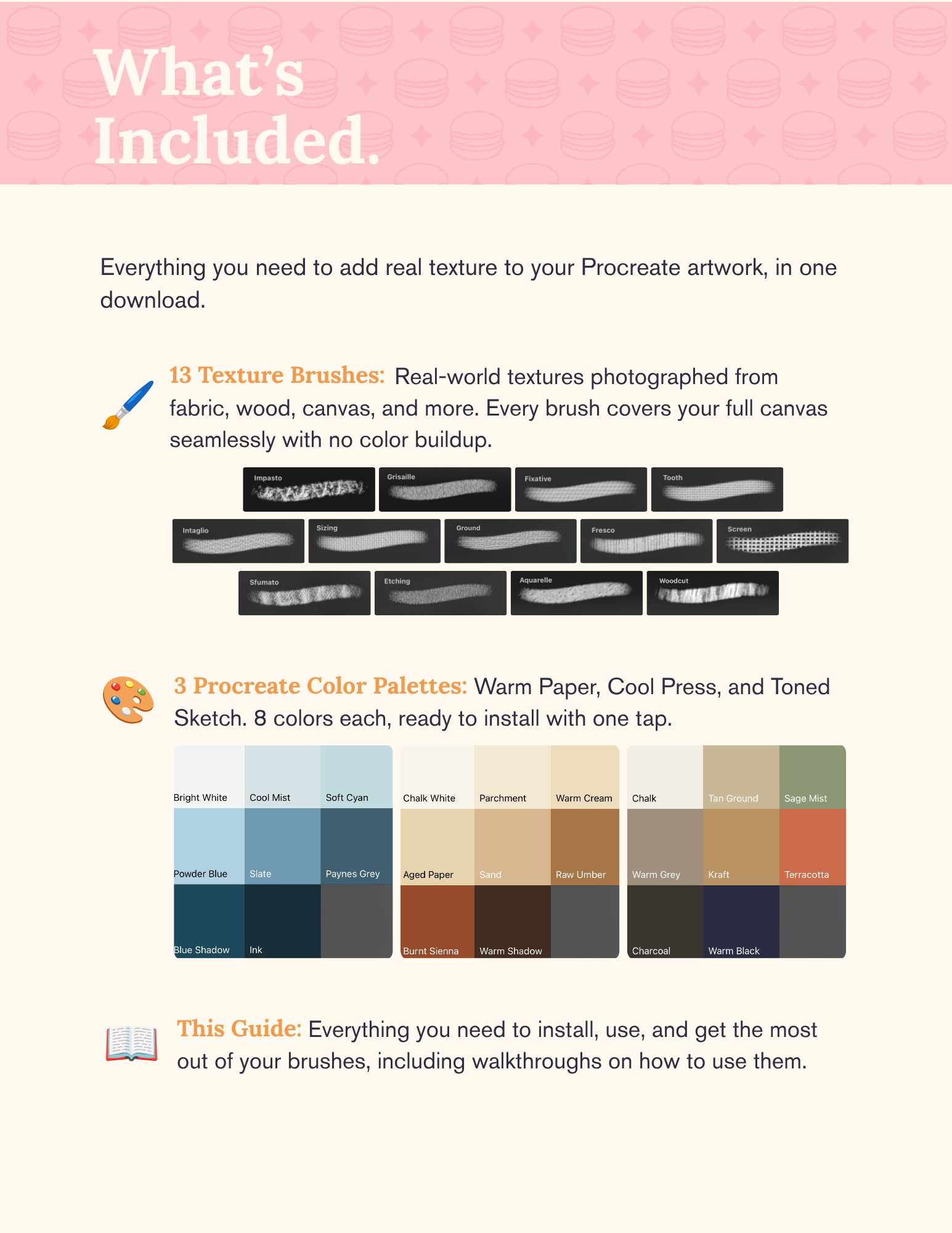 What's included in the Paper Textures pack: 13 brushes and 3 color palettes