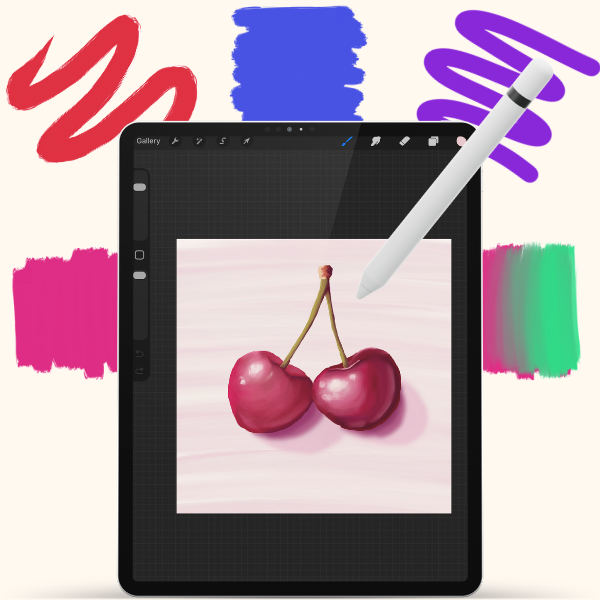 iPad with Procreate open, surrounded by hand-drawn brush swatches